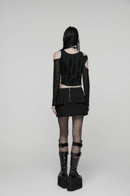 Black Lace-Up Zippered Women's Punk Cool  Big Pockets Techwear Skirt