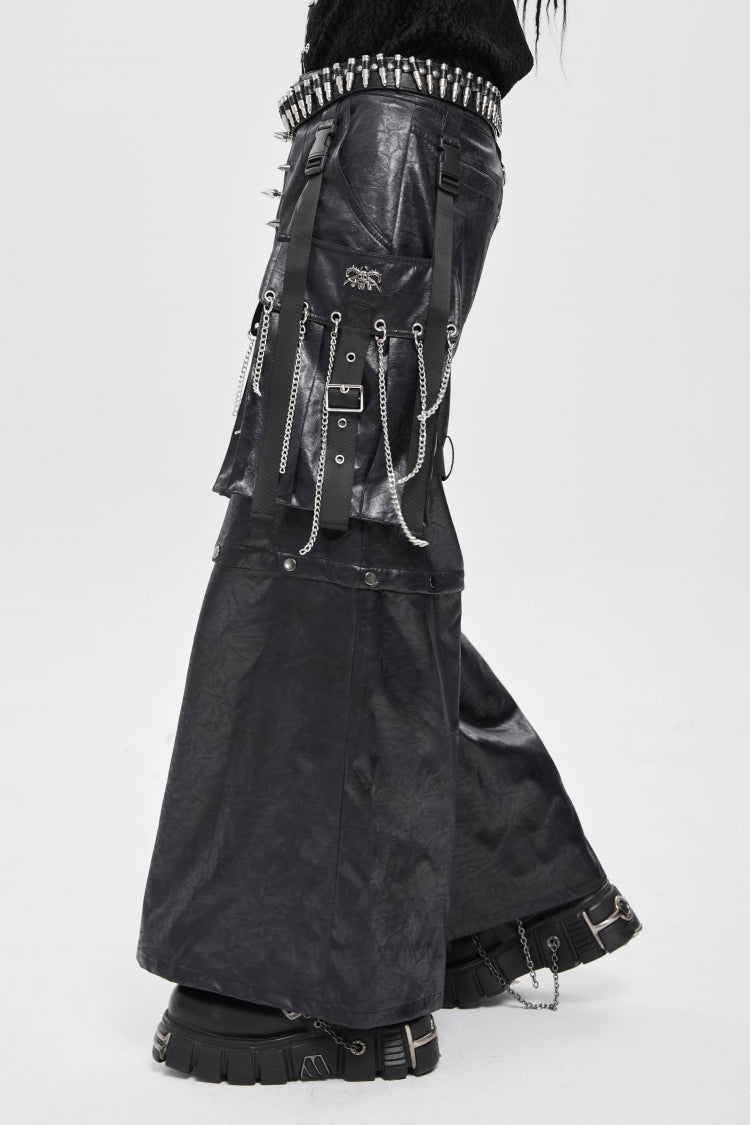Black Big Pockets Straps Chain Men's Punk Pants