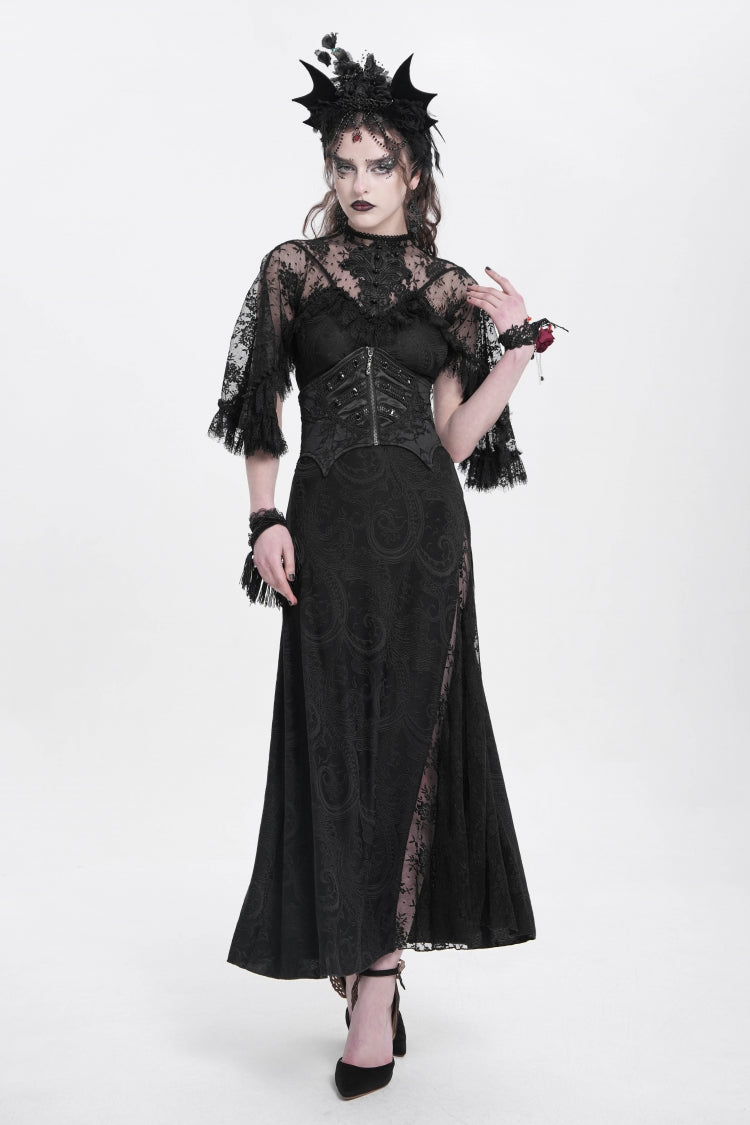 Black Batwing Beaded Lace-Up Zipper Women's Underbust Corset
