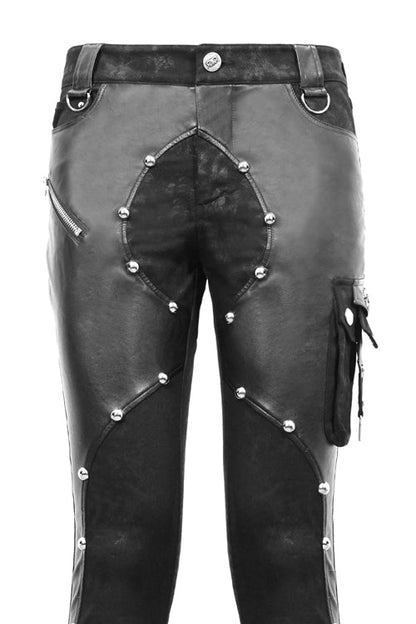 Black Patchwork Asymmetric Rivet Studded Punk Leather Mens Pants