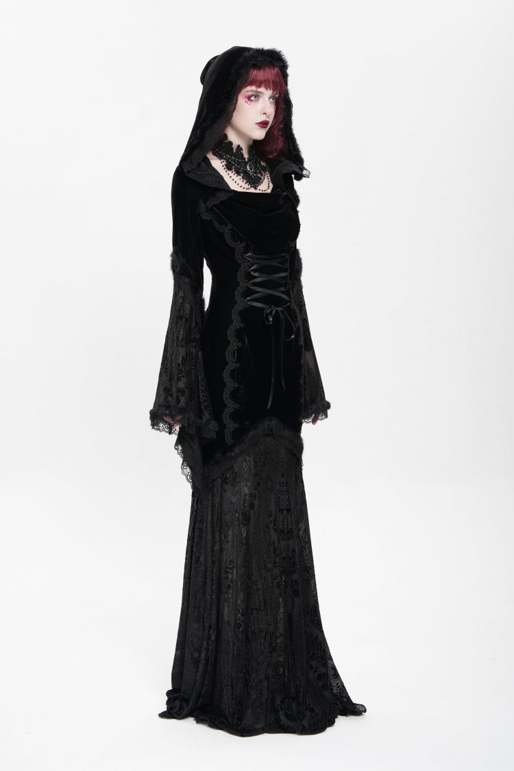 Black Long Trumpet Sleeves Embroidery Stitching Lace Hooded Mesh Women's Gothic Dress