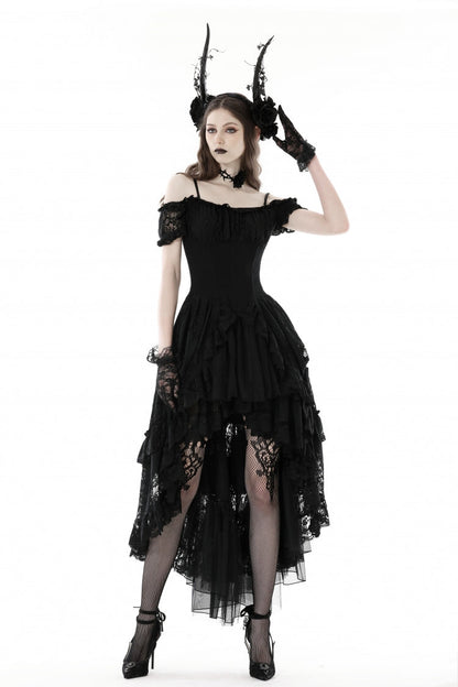 Black Boat Neck Off Shoulder Short Puff Sleeves Ruffled Lace Lace-Up Irregular Women's Gothic Dovetail Dress