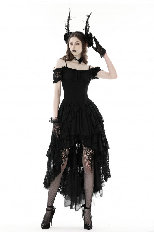 Black Boat Neck Off Shoulder Short Puff Sleeves Ruffled Lace Lace-Up Irregular Women's Gothic Dovetail Dress