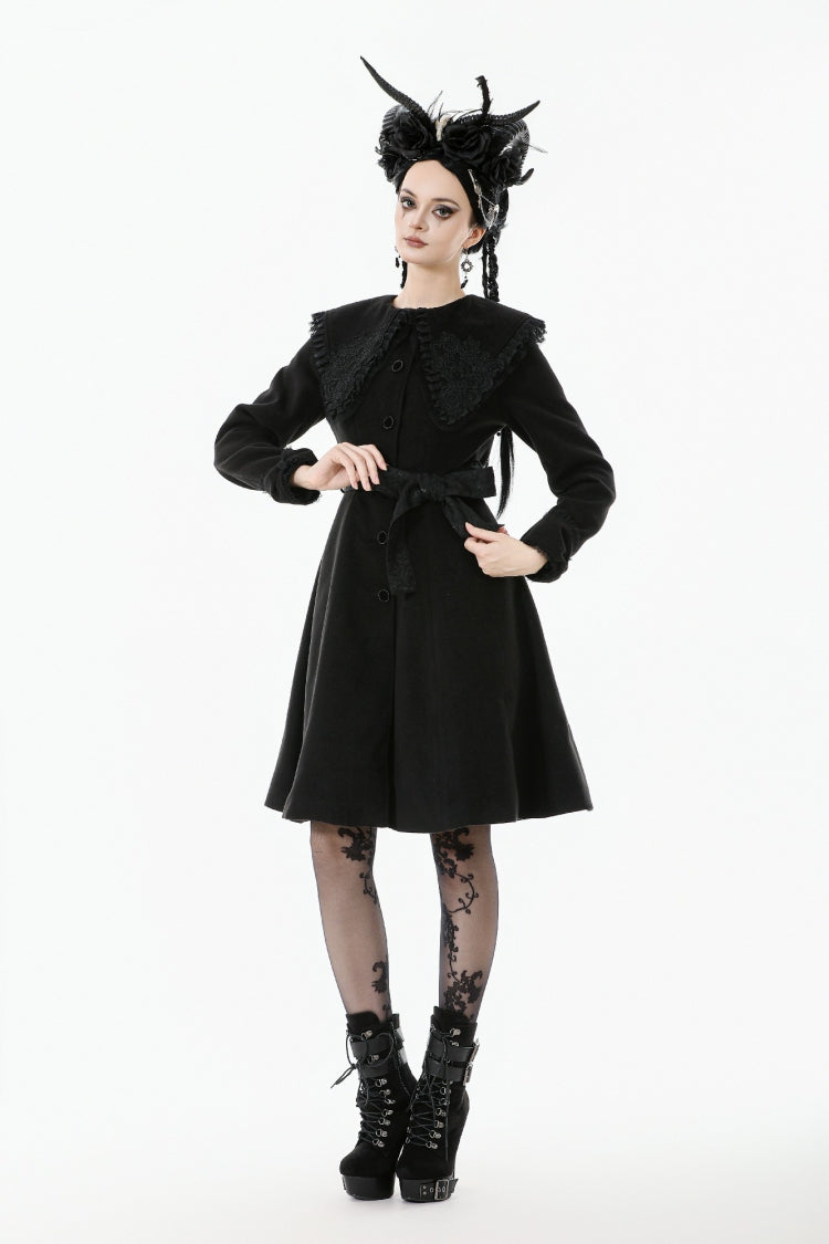 Black Floral Embroidered Peter Pan Collar Long Sleeves Bowknot Women's Gothic Coat