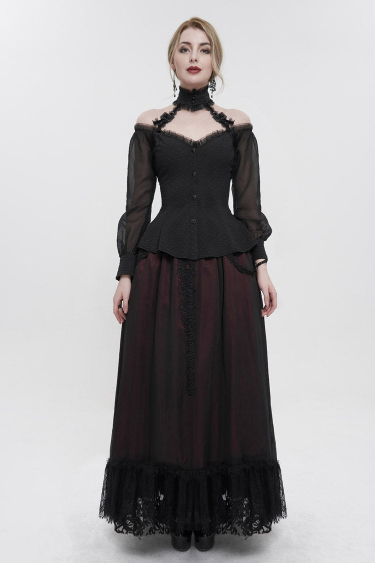 Black Long Sleeve Lace Trim Panel Woven Adjustable Back Women's Gothic T-Shirt
