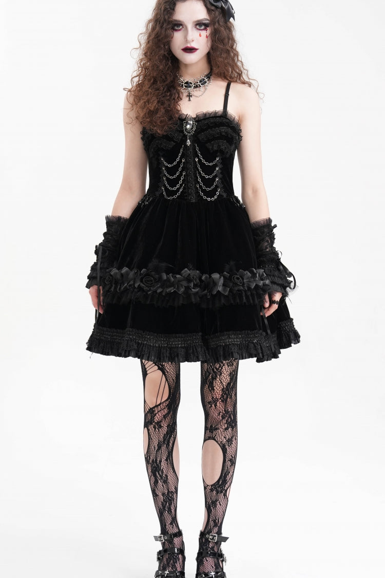 Black Chain Ruffle Lace Women's Gothic Slip Dress