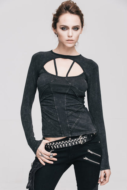 Black Hollow Out Long Sleeves Womens Punk Straps T-Shirt