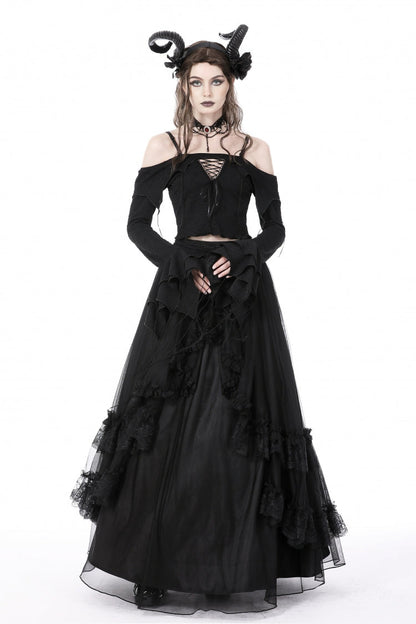 Black Off Shoulder Long Trumpet Sleeves Lace-Up Women's Gothic Sexy Crop Top