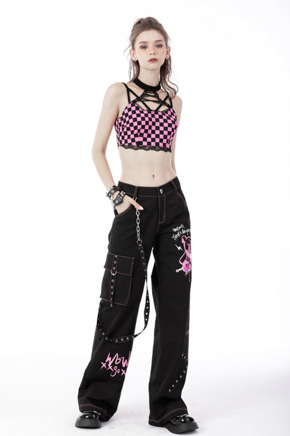 Black Dangerous Bear Chain-Decorated Women's Grunge Bell Bottom Pants
