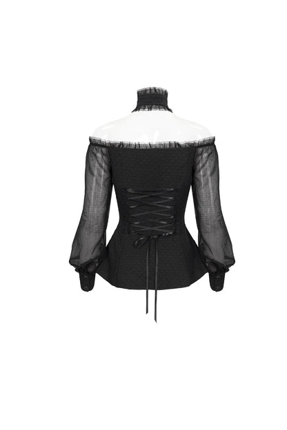 Black Long Sleeve Lace Trim Panel Woven Adjustable Back Women's Gothic T-Shirt