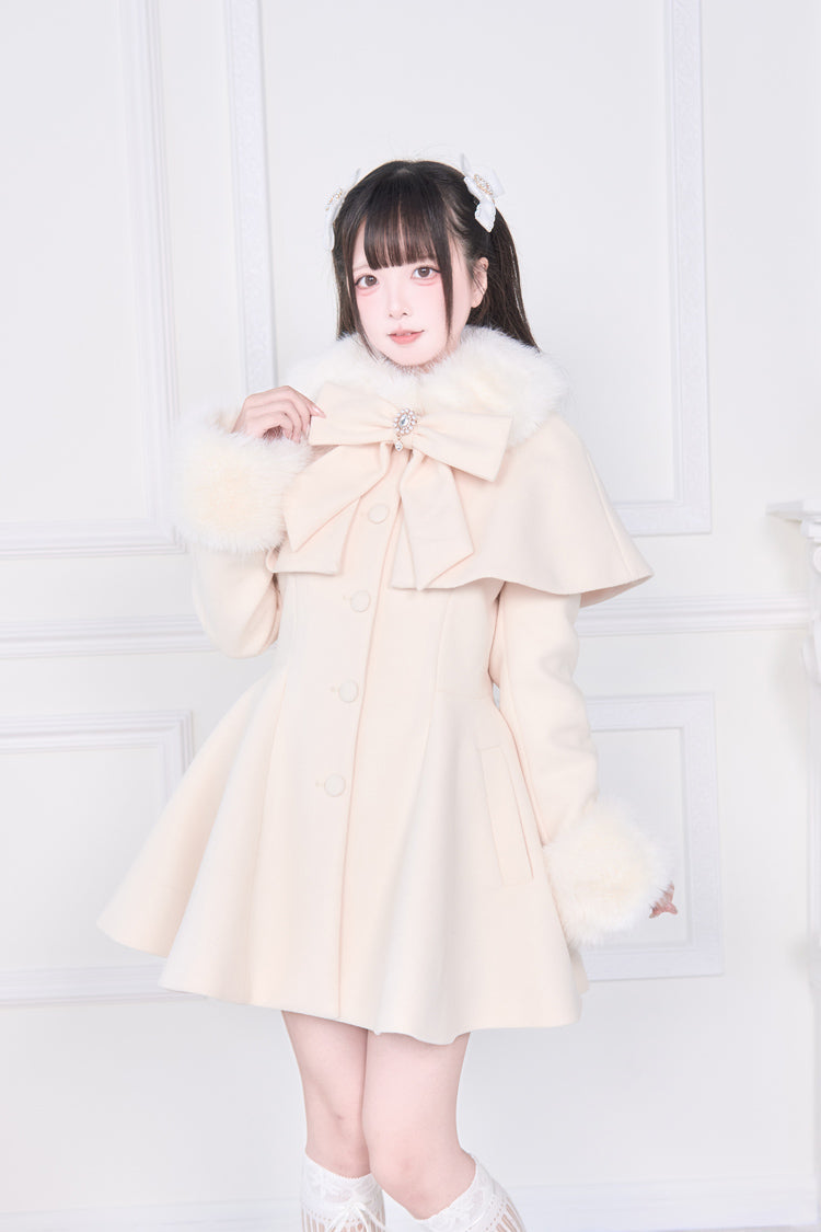 Apricot Plush Collar Long Sleeves Bowknot Japanese Sweet Lolita Coat