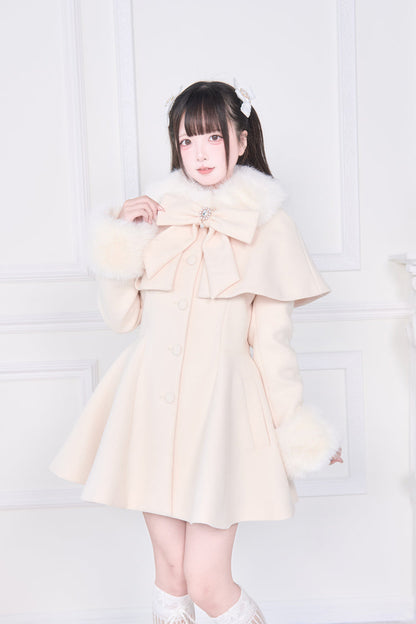 Apricot Plush Collar Long Sleeves Bowknot Japanese Sweet Lolita Coat
