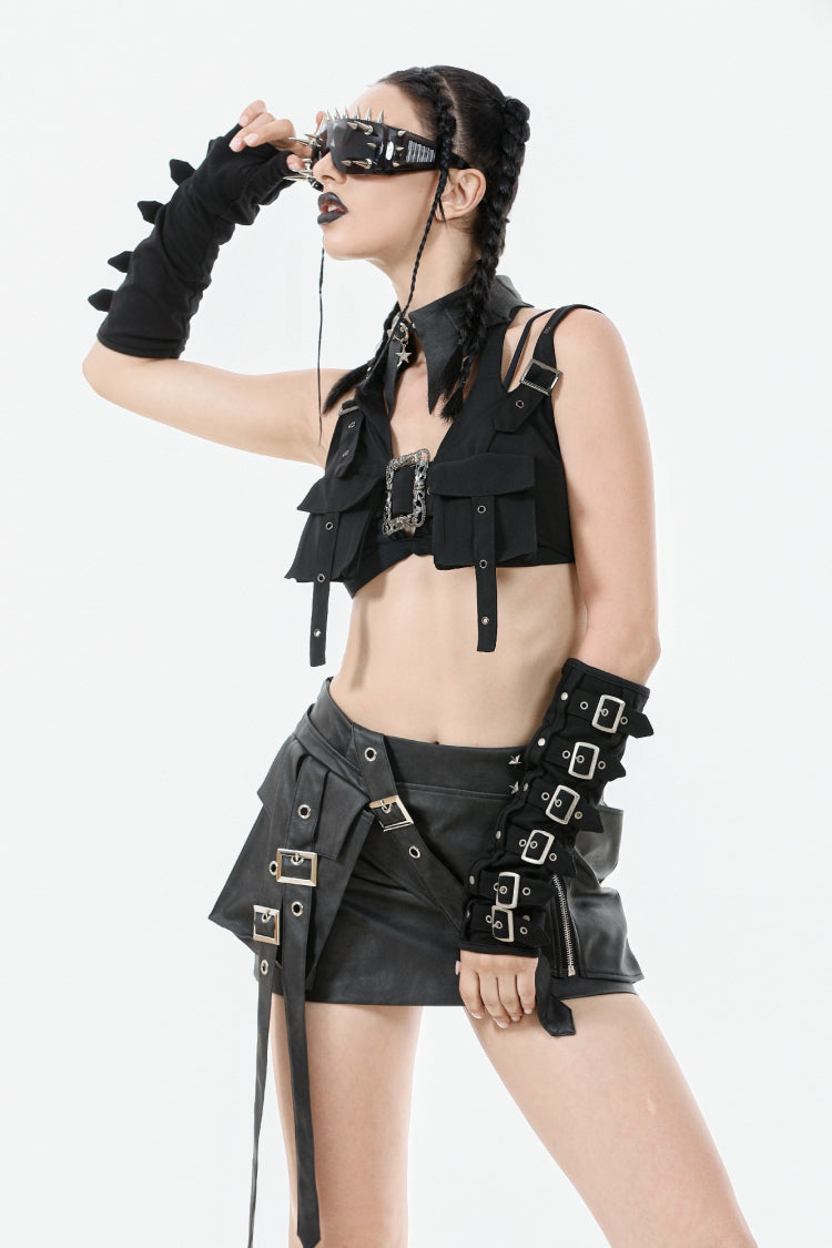 Black Halterneck Buckled Women's Punk Utility Vest