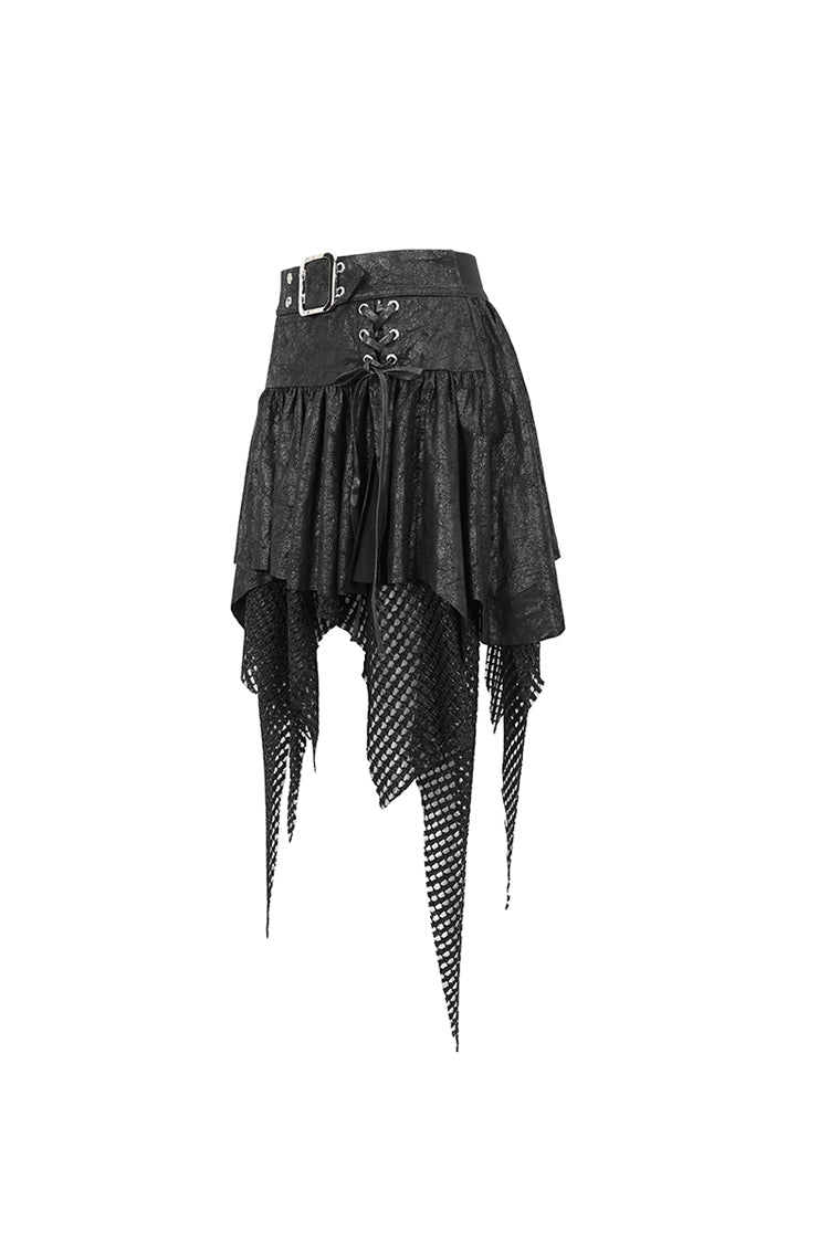 Black Lrregular Mesh Splice Buckle Women's Gothic Skirt