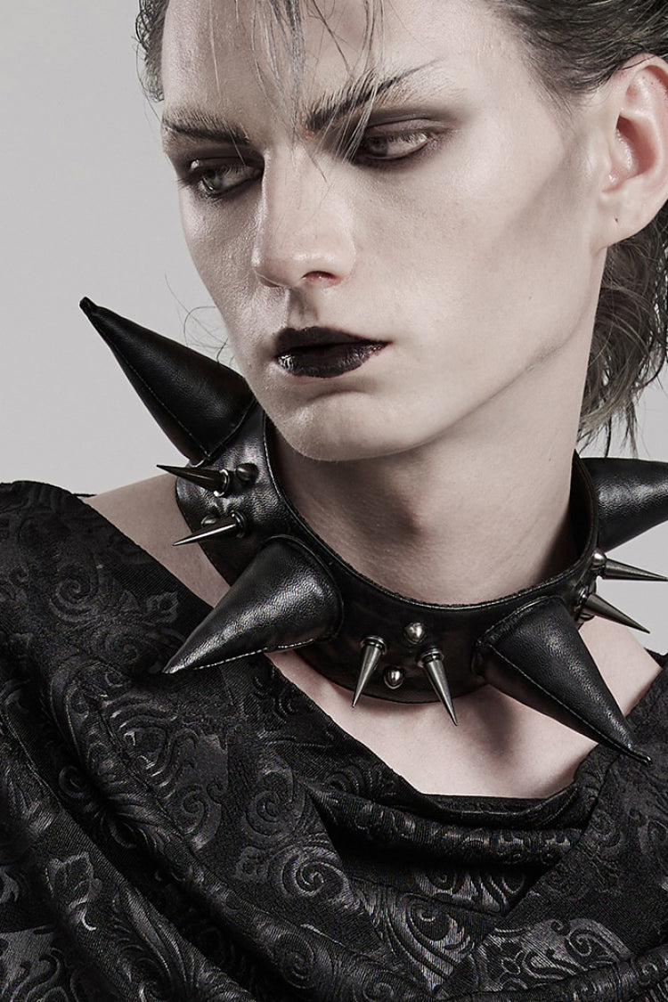 Black Cracked Leather Metal Nail Decoration Men's Steampunk Pointed Choker