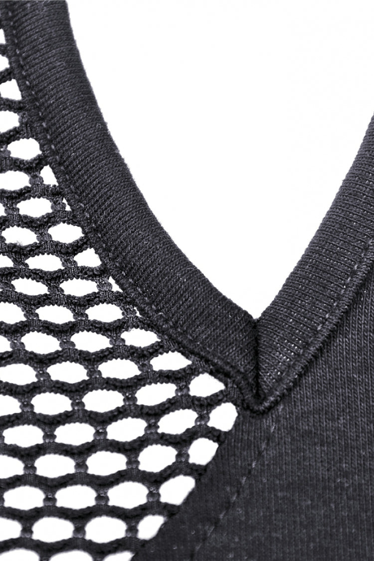 Black Off Shoulder Long Sleeves Lace-Up Chest Straps Sheer Mesh Women's Punk Top