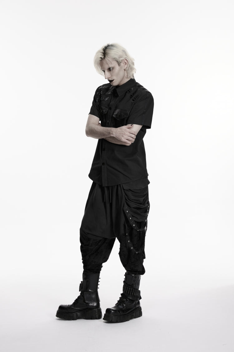 Black Lapel Collar Short Sleeves Cut-Out Spliced Men's Punk Shirt