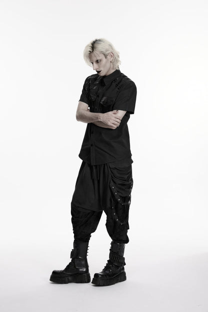 Black Lapel Collar Short Sleeves Cut-Out Spliced Men's Punk Shirt