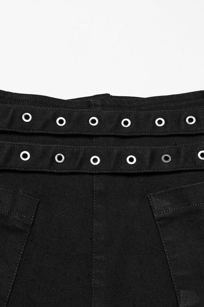 Black Lace-Up Women's Punk Denim Shorts with Detachable Pocket