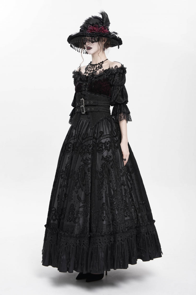 Black Jacquard Embroidery Buckle Tassels Women's Gothic Long Skirt