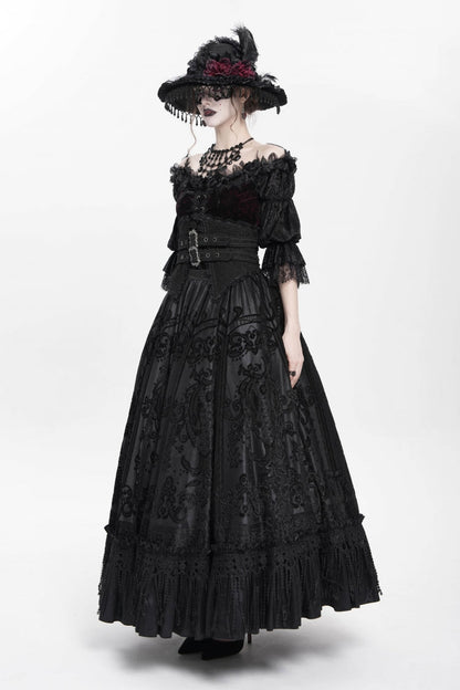 Black Jacquard Embroidery Buckle Tassels Women's Gothic Long Skirt