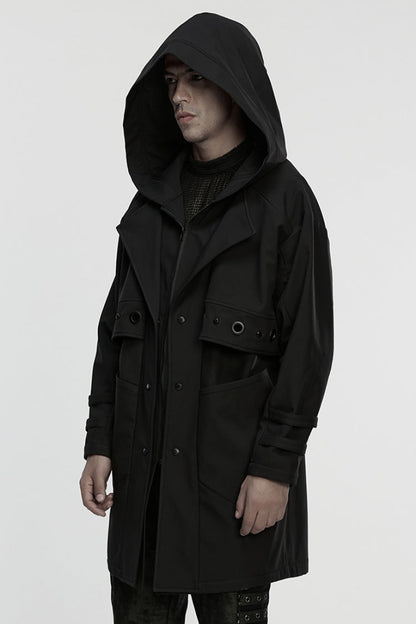 Black Lapel Collar Long Sleeves Hooded Zippered Eyelet Men's Gothic Coat