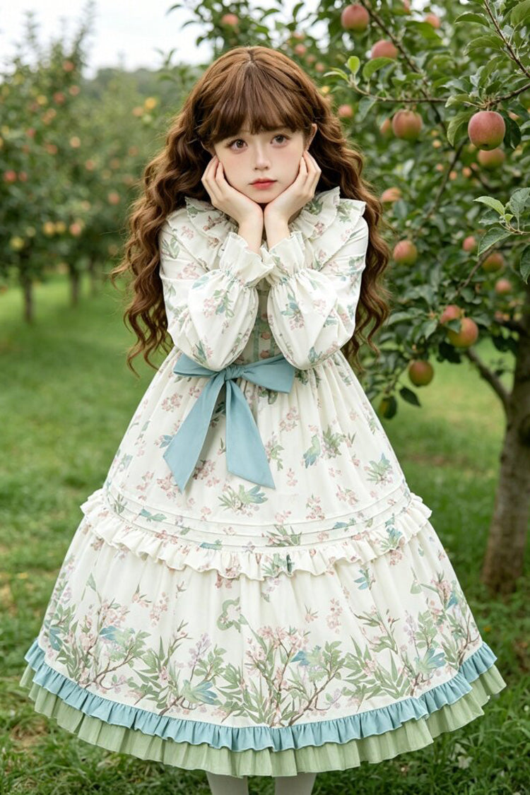 Apricot Round Collar Long Sleeves Double-Layered Floral Bird Printed Ruffled Bow Sweet Plus Size Lolita Dress