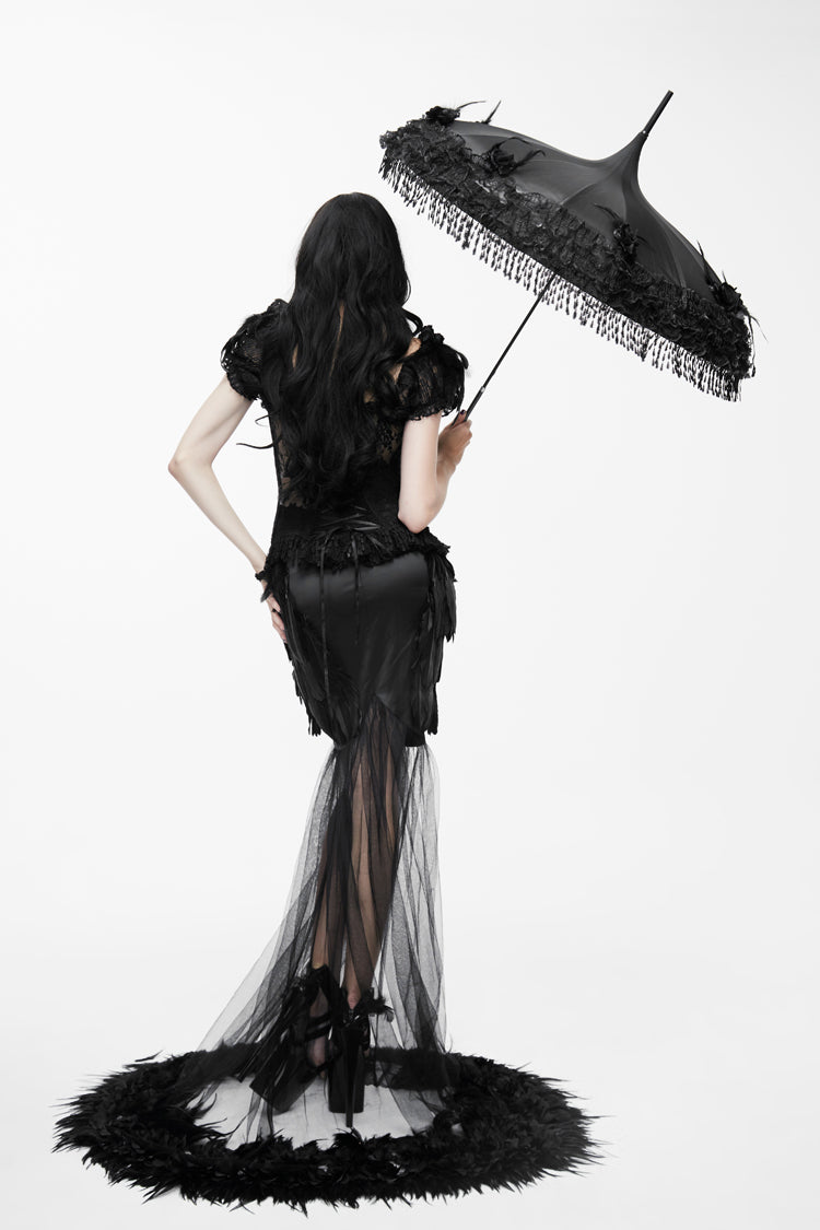 Black Mesh Fishtail Flower Feather Hem Long Satin Women's Gothic Skirt