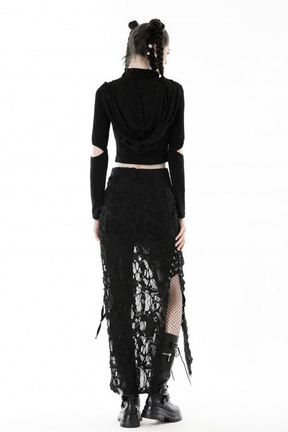 Black Lace-Up Ripped Women's Punk Split Long Skirt