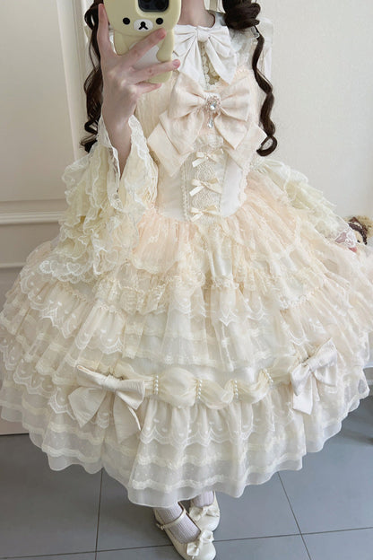 Beige [Dream Prologue] Doll Multi-Layered Bowknot Lace Sweet Princess Lolita Dress