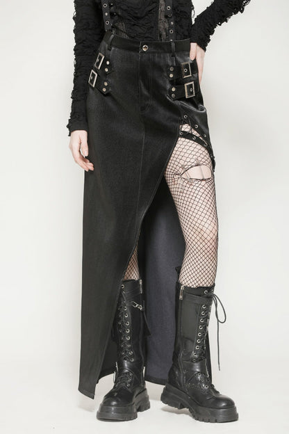 Black Leather Women's Punk Buckled Side Slit Irregular Hem Skirt
