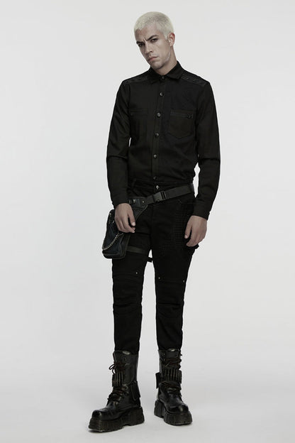Black Lapel Collar Long Sleeves Ripped Men's Punk Blouse