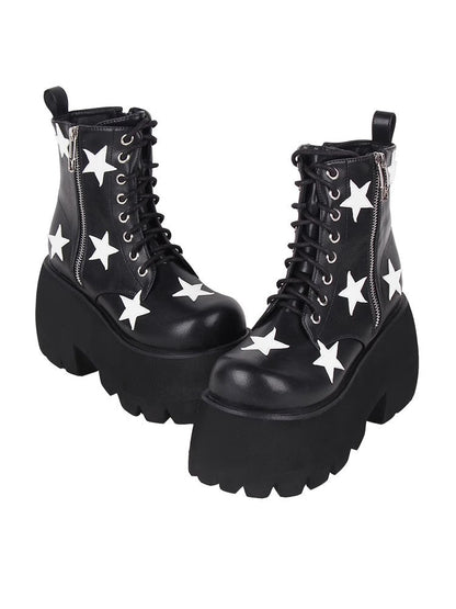Black Five-pointed Star Print Zipper Punk Lolita Ankle Boots
