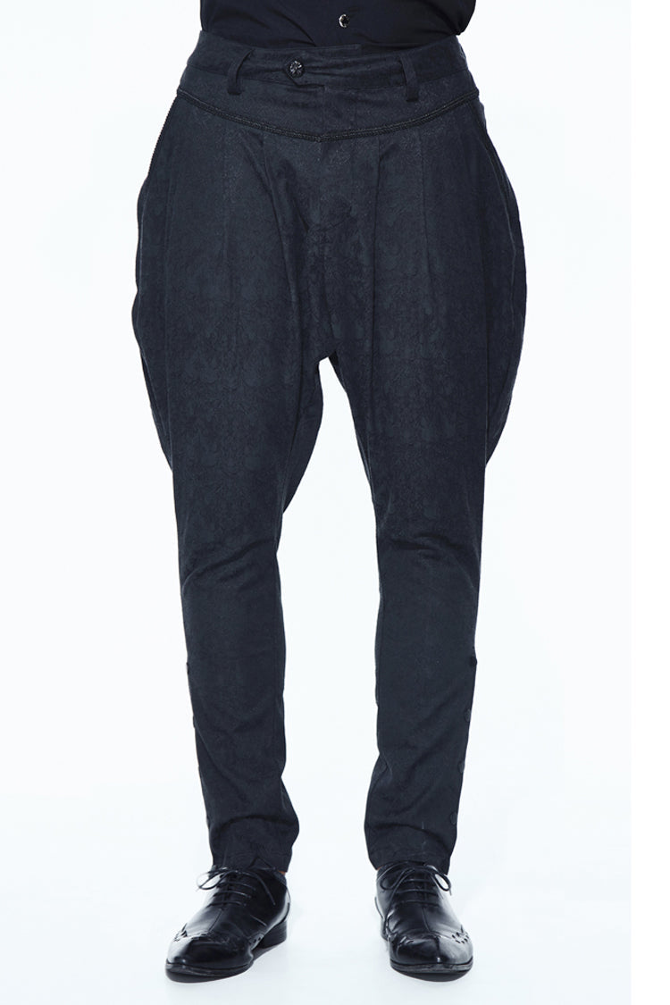 Black Oversize Jacquard Pattern Ribbons Snap Fastener Men's Gothic Pants
