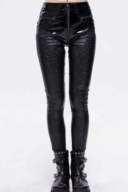 Black Gothic Hexagon Pattern Irregular Star Reflection Shiny Elasticity Leather Women's Leggings