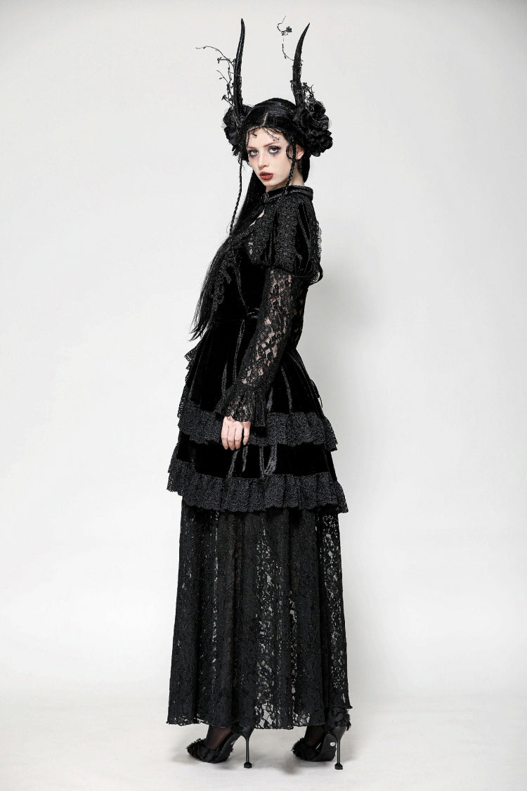 Black Long Puff Sleeves Cut-Out Lace Spliced Velvet Lace-Up Women's Gothic Princess Evening Dress