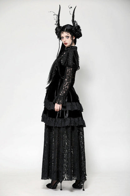 Black Long Puff Sleeves Cut-Out Lace Spliced Velvet Lace-Up Women's Gothic Princess Evening Dress