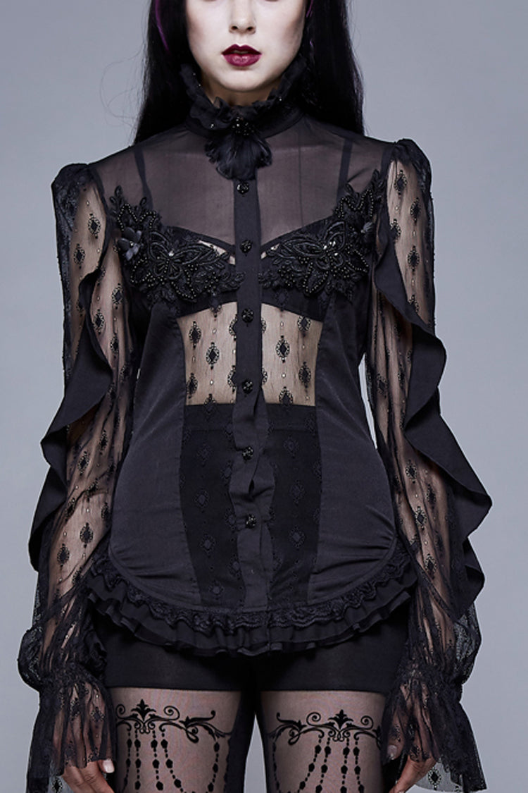 Black Chiffon High Collar Front Chest Beaded Flowers Lace Cuff Back Waist Lace Up Women's Gothic Blouse
