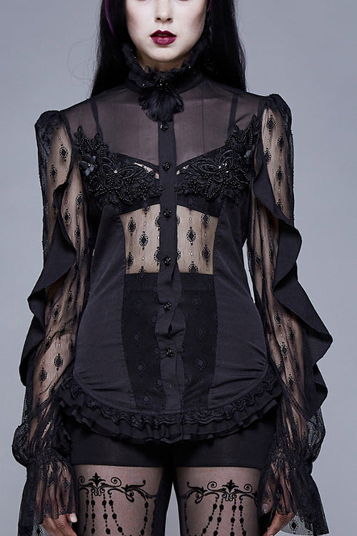 Black Chiffon High Collar Front Chest Beaded Flowers Lace Cuff Back Waist Lace Up Women's Gothic Blouse