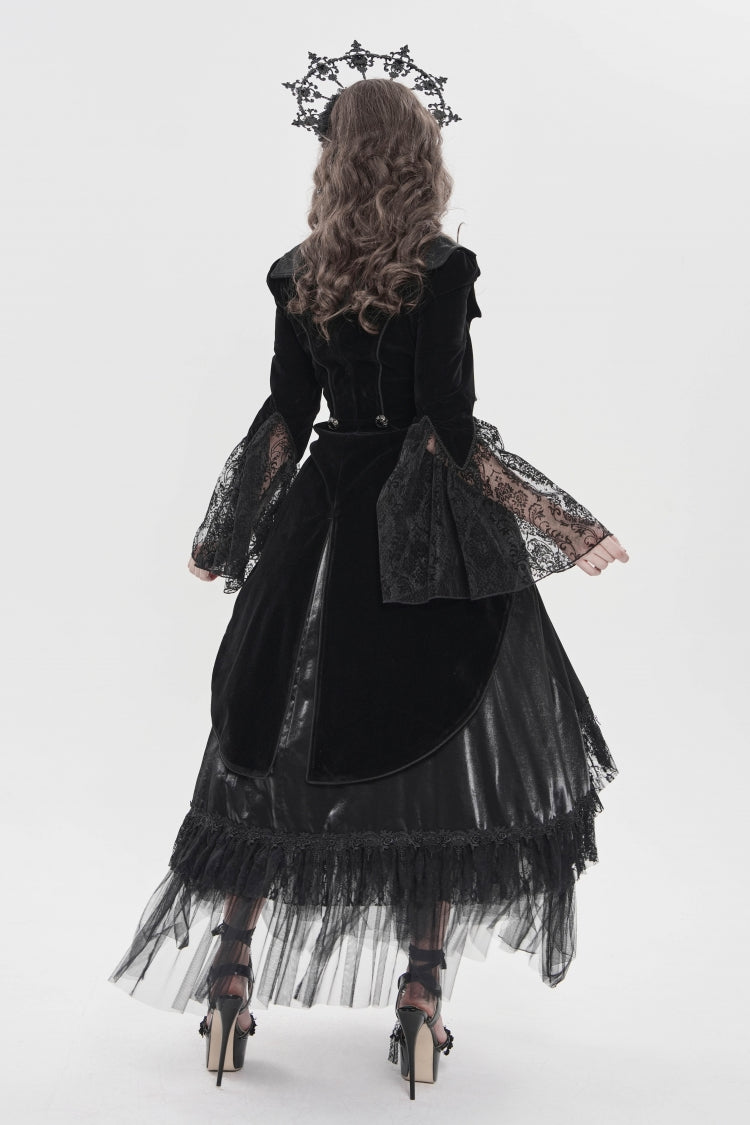 Black Long Trumpet Sleeves Embroidered Lace Slim Zippered Women's Gothic Bat Wing Collar Double-breasted Zip Jacket
