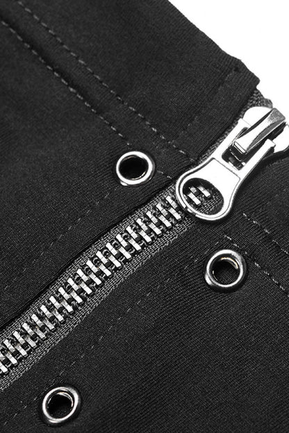Black High Collar Long Sleeves Zipper Leather Buckle Women's Steampunk T-Shirt