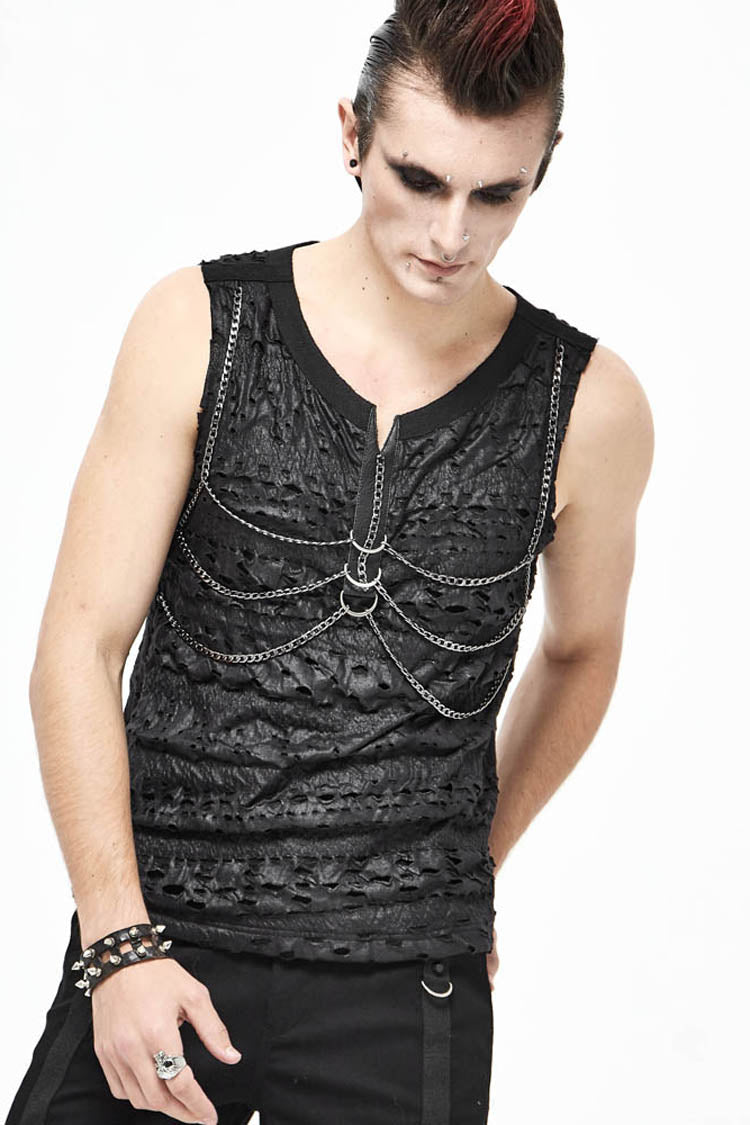Black Broken Holes Thick Stripes Chest Chain Knit Men's Punk Vest