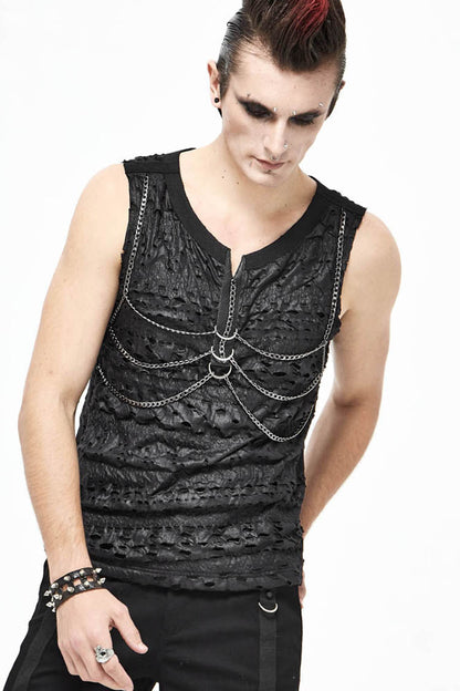 Black Broken Holes Thick Stripes Chest Chain Knit Men's Punk Vest