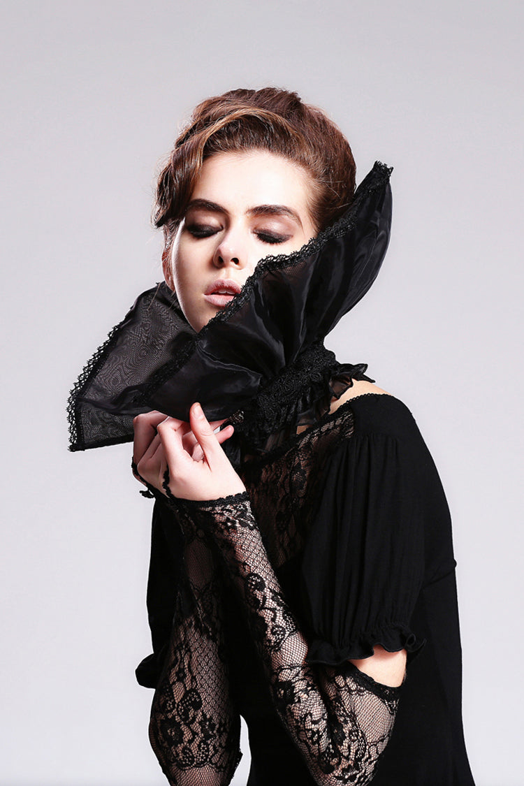 Black Organza Lace Velveteen Women's Gothic Stand Up Collar