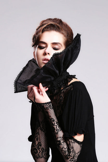 Black Organza Lace Velveteen Women's Gothic Stand Up Collar