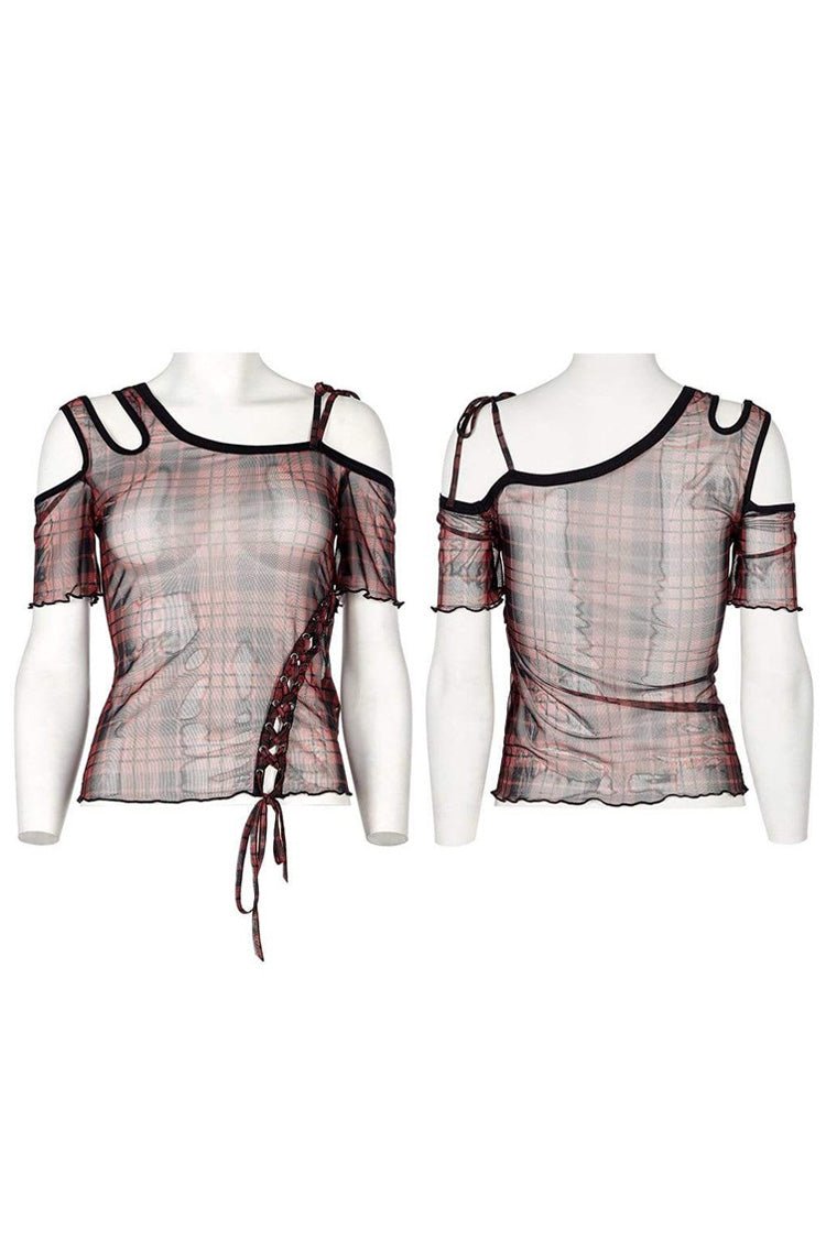 Asymmetrical Cutout Neckline Strap Design Plaid Mesh Women's Punk T-Shirt
