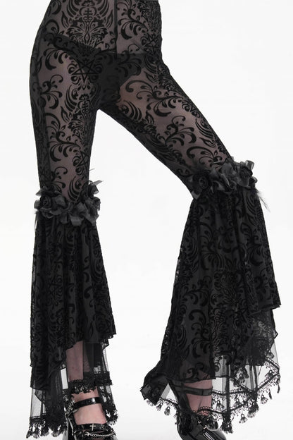 Black Embroidery Lace Sheer Mesh Tassels Women's Gothic Pants