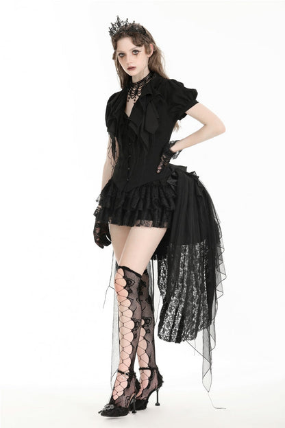 Black Multi-Layered Lace Women's Gothic Puffy Skirt with Detachable Swallow Tail