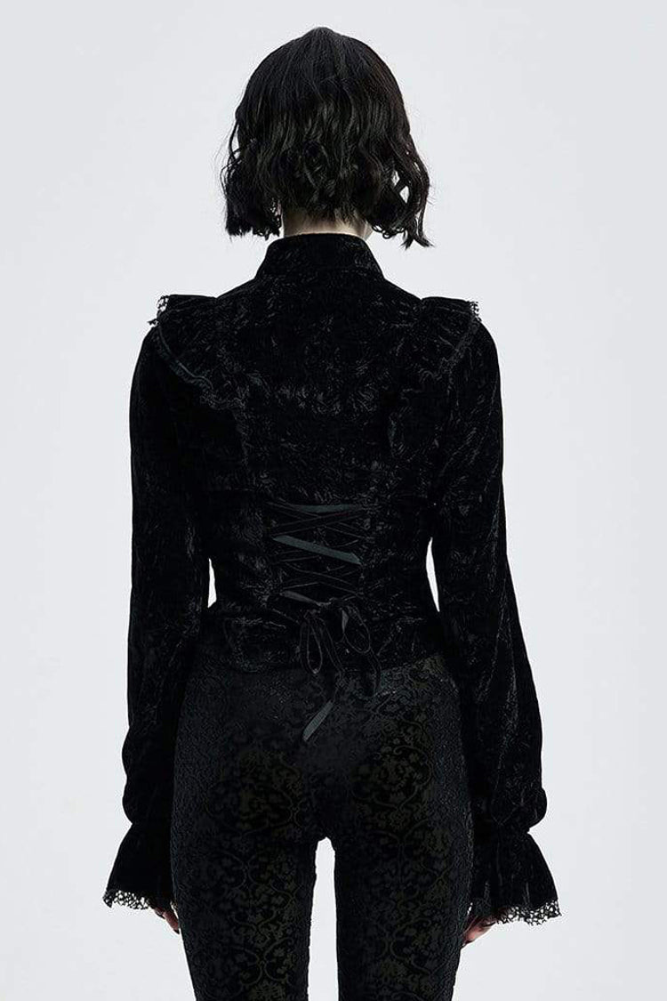 Black Gothic Velvet High Collar Front Chest Flounce Lace Cuff Back Waist Lace Up Print Women's Blouse