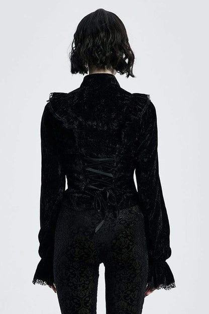 Black Gothic Velvet High Collar Front Chest Flounce Lace Cuff Back Waist Lace Up Print Women's Blouse